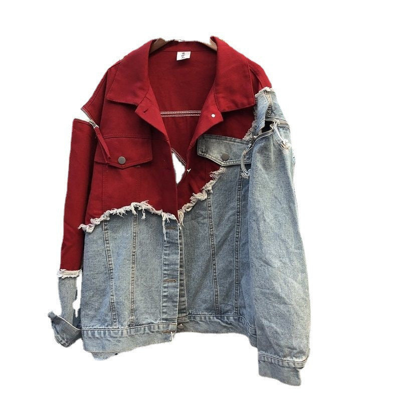 Faded Denim Streetwear Burgundy Contrast Colorblock Patchwork Women's Jean Jacket