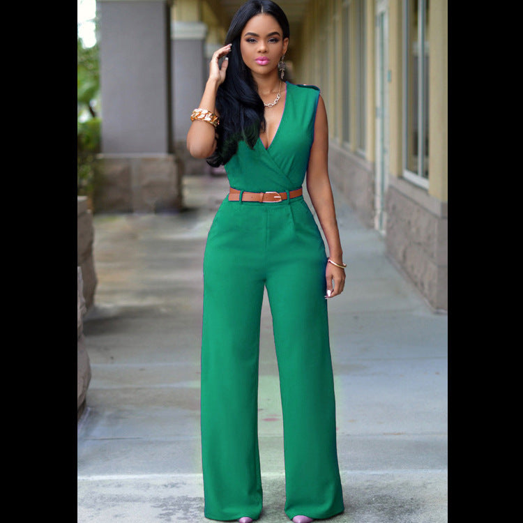 Ruched Sleeveless Deep V-Neck Solid Color Women's Jumpsuit