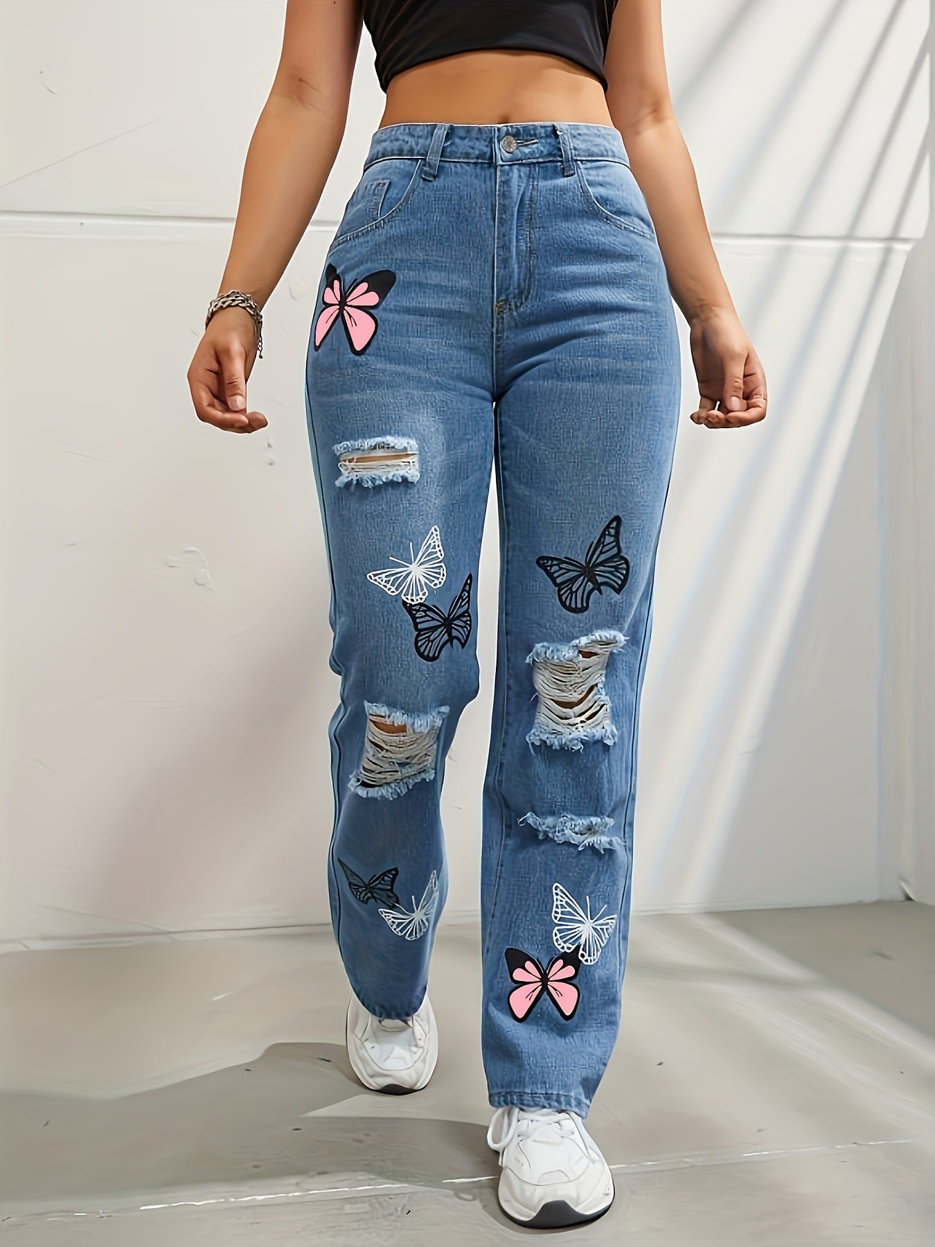 Butterfly Print Ripped Washed Distressed Denim Women's Jeans