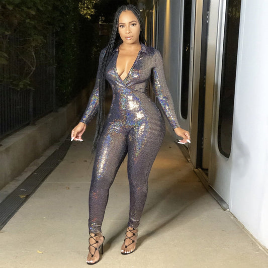 Sparkling Deep V-Neck Solid Color Long Sleeve Bodycon Jumpsuit
