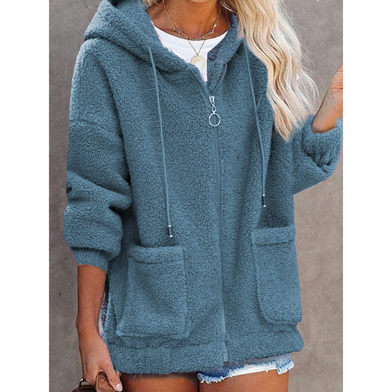 Fleece Solid Color Loose Women's Zipper Hoodie Jacket