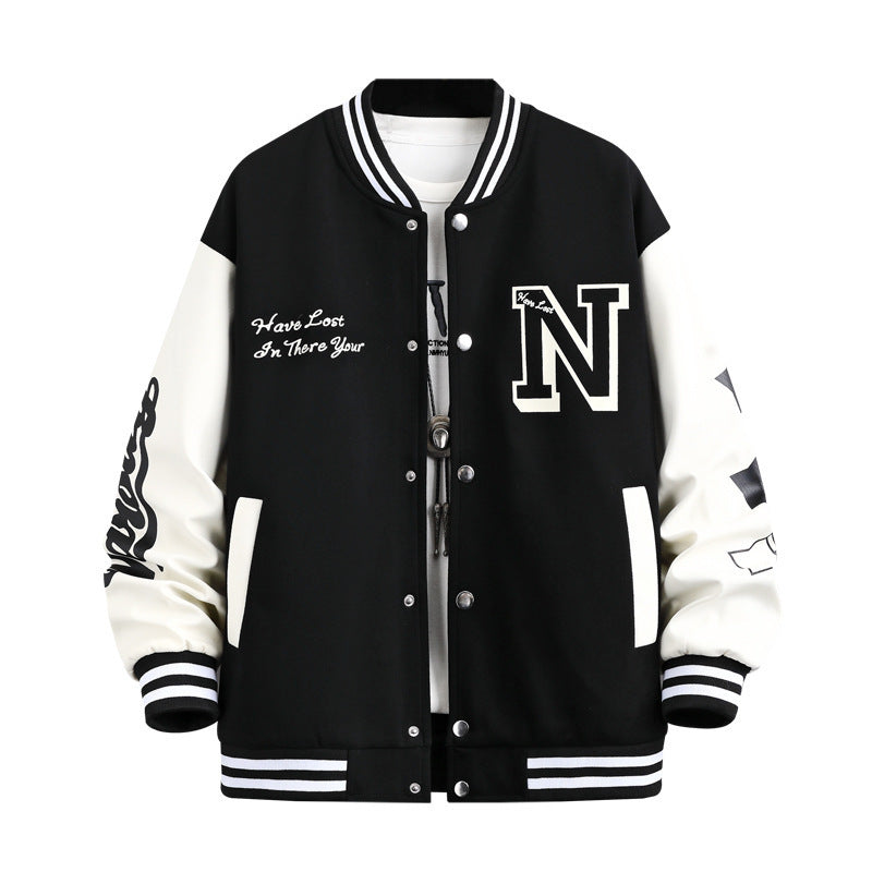 Men's Colorblock Letter Print Loose Button-Up O-Neck Hip-Hop Baseball Varsity Bomber Letterman's Jacket