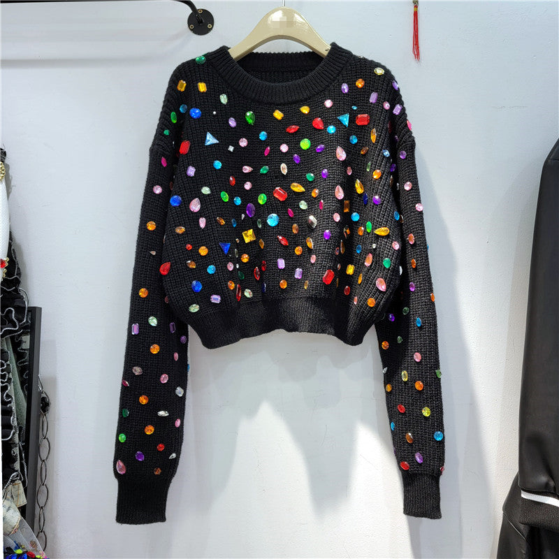 Ribbed Rainbow Color Diamond Hot Drill Embellished Women's Long Sleeve O-Neck Sweater
