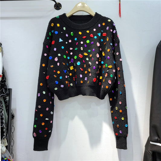 Ribbed Rainbow Color Diamond Hot Drill Embellished Women's Long Sleeve O-Neck Sweater