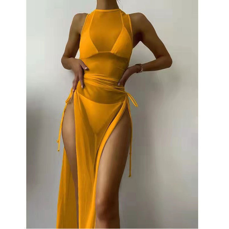 Solid Color Bikini Swimsuit + Mesh Double High Slit Lace-Up Women's 3-Piece Swimwear Set