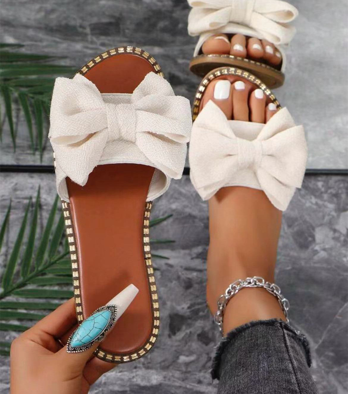Rhinestone Bowknot Women's Cloth Flat Sandals