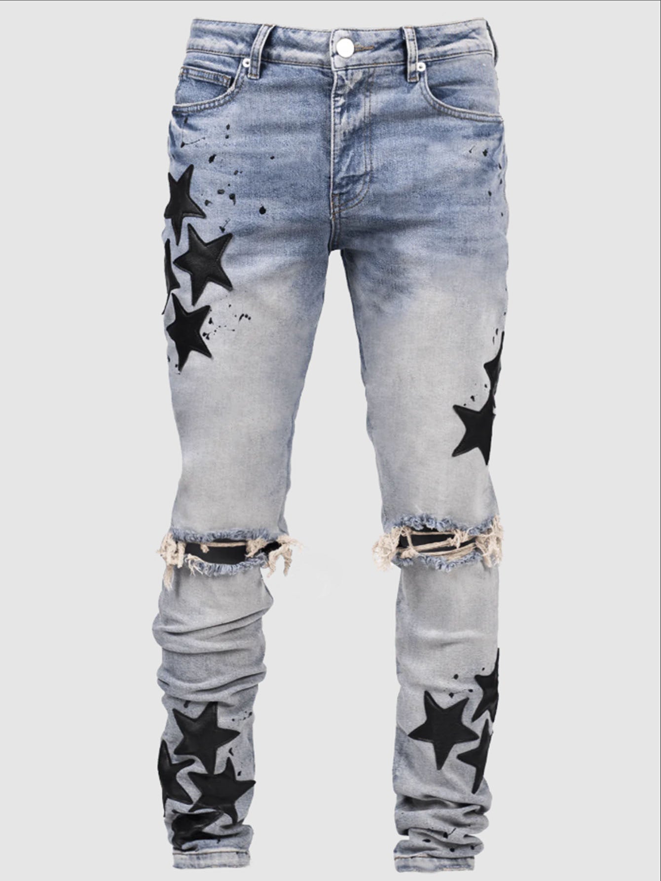 Men's Star Print Hip-Hop Denim Faded Ripped  Skinny Stretch Jeans
