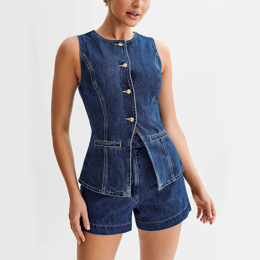 Dark Blue Denim Women's Sleeveless Button-Up Vest Jean Top + Jean Shorts 2-Piece Set