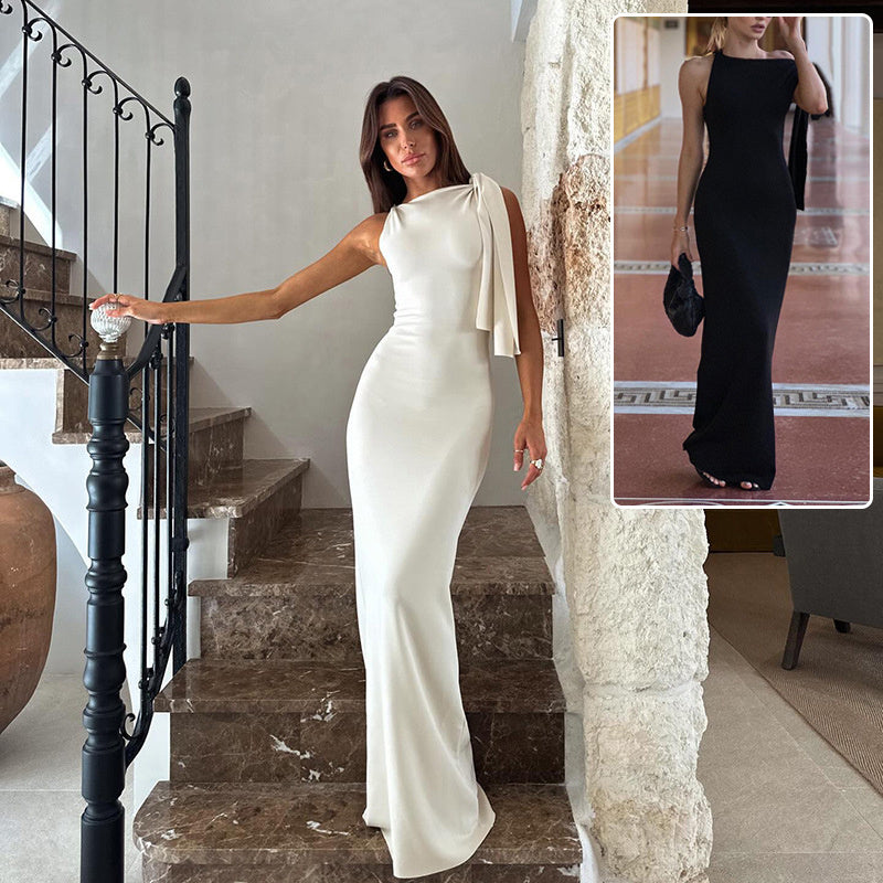 Asymmetrical One Shoulder Hanging Ribbon Detail Skinny Sleeveless Maxi Evening Party Dress