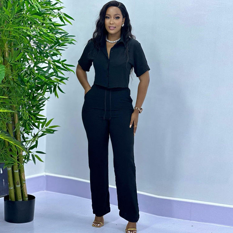 Turn-Down Collar Women's Solid Color Short Sleeve Shirt + Pants Two-Piece Set