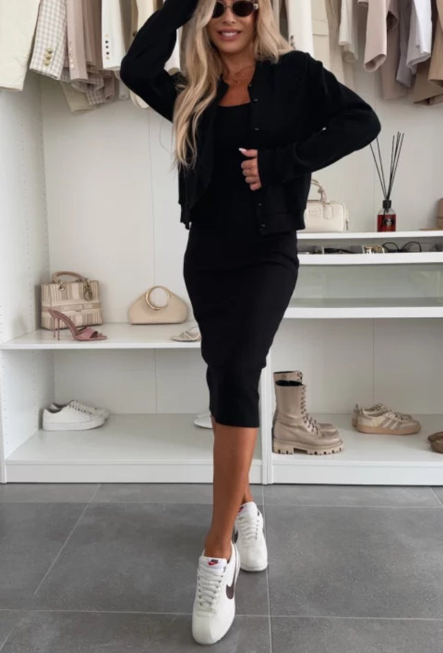 Solid Color Women's Button-Up Bomber Jacket + Sling Dress Dress 2-Piece Set to 3X Plus Size