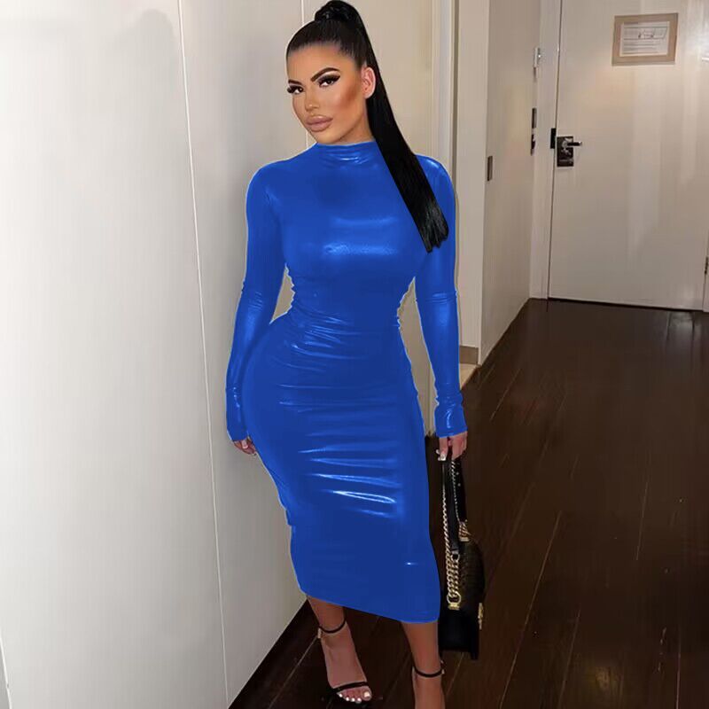 PU Leather Skin Tight Long Sleeve Solid Color Party Dress