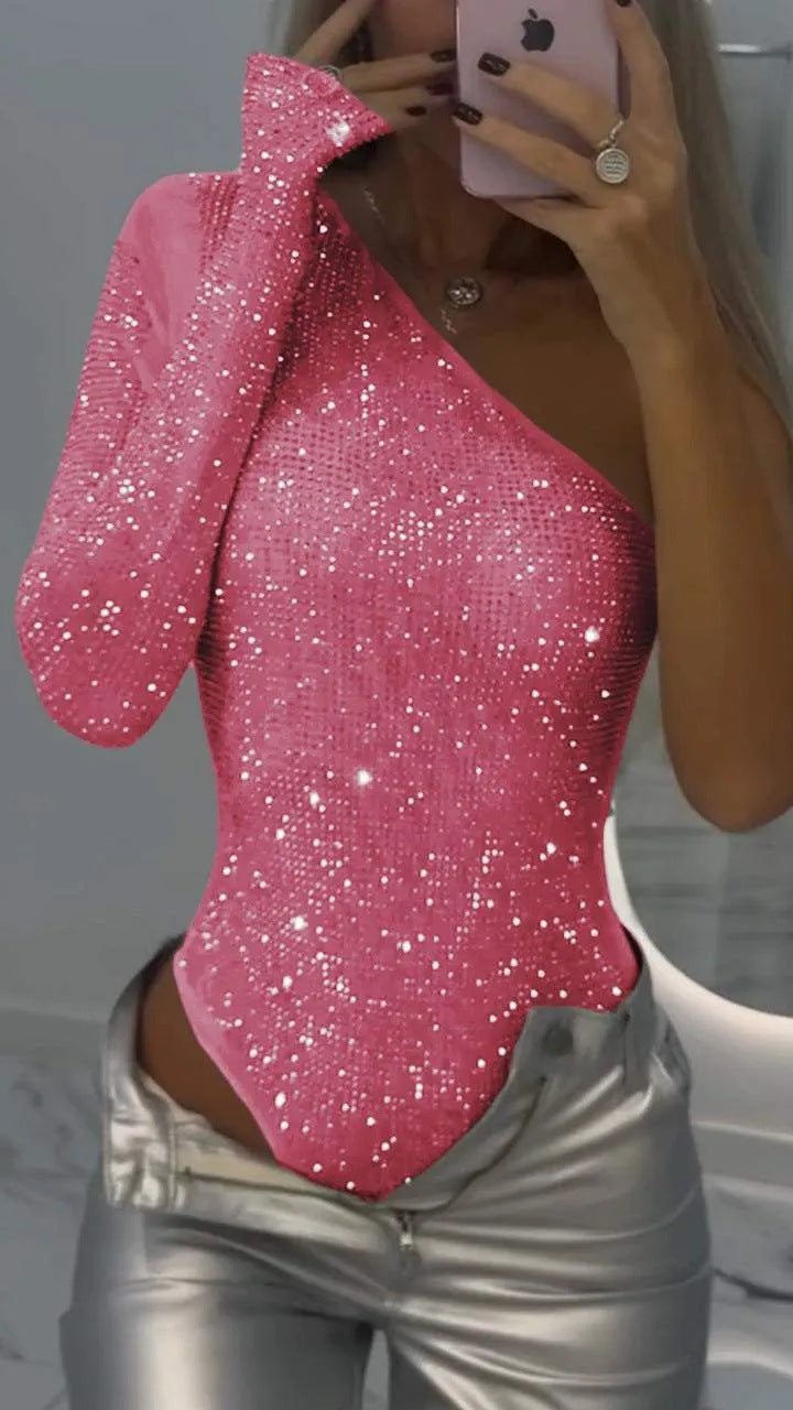 Sparkling Glitter One Shoulder Rhinestone Sequin Women's Asymmetrical Top to 3X Plus Size