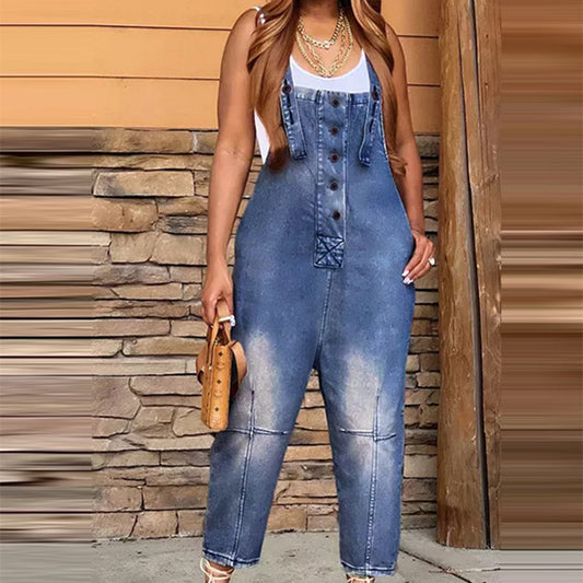 Denim Faded Colorblock Women's Button Front Overalls Jean Jumpsuit to 3X Plus Size