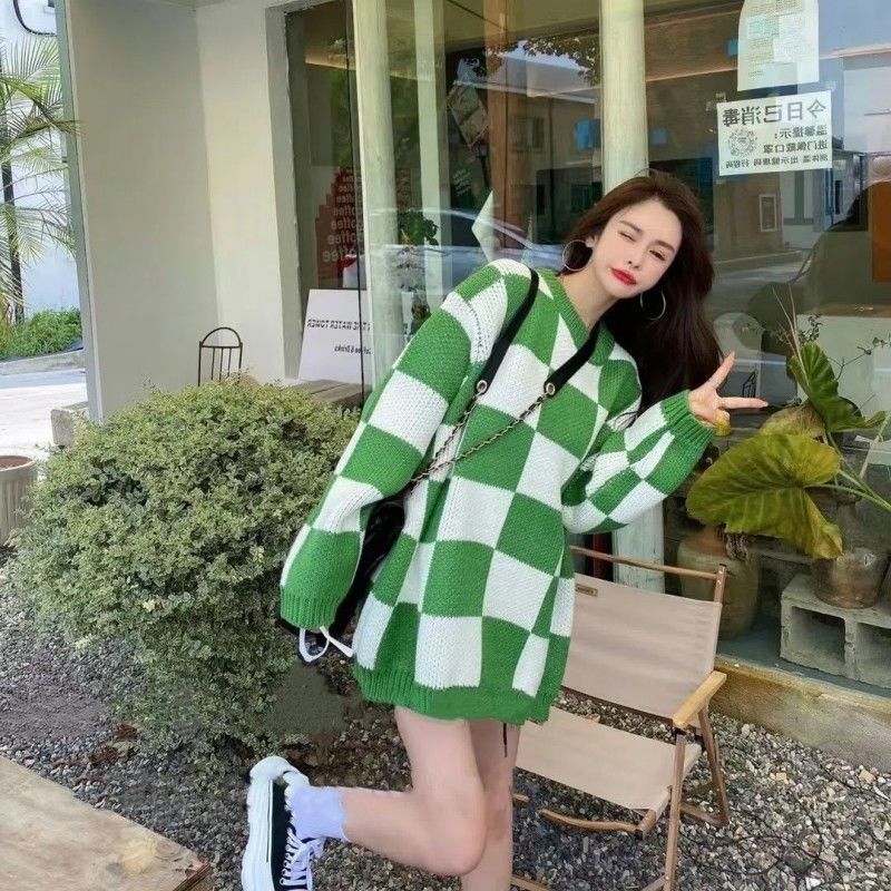 Checker Colorblock Print Women's Long Sleeve Oversized Sweater