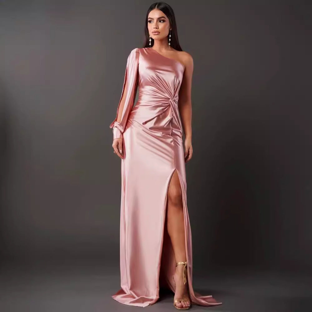 Satin Asymmetrical One Shoulder High Side Slit Long Sleeve Party Evening Formal Maxi Dress to 3X Plus Size-13 Colors