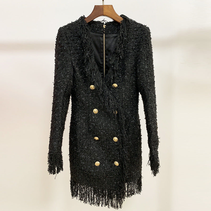 Wool Tassel Fringe Hem Gold Button Detail Double Breasted Long Sleeve Mini Blazer Dress