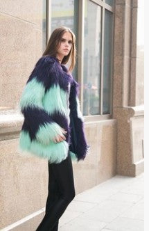 Shaggy Faux Fur Mint Green/Purple Colorblock Striped Print Women's Jacket to 3X Plus Size