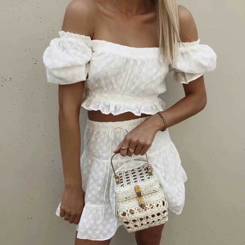 White Lace Ruffled Short Puff Sleeve Off-the-Shoulder Crop Top + Shorts Women's 2-Piece Set