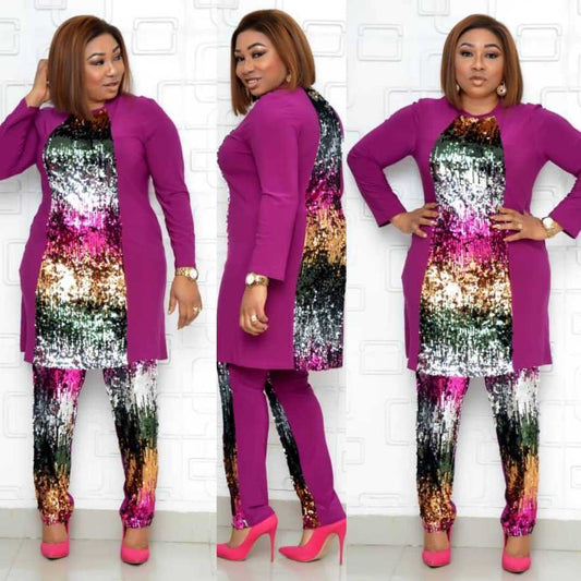 High Elastic Colorful Sequin Cotton And Linen Women's Pants Suit