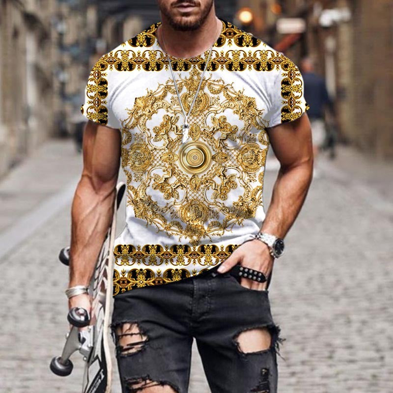 Men's Black/Yellow/Red Baroque Pattern 3D Print 1/2 Sleeve T-Shirt