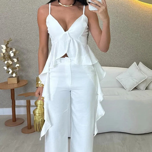 Ruffled Solid Color V-Neck Maxi Tank Top + Matching Leggings Women's 2-Piece Set