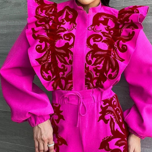 Ornate Swirl Print Pleated Ruffled Lantern Sleeve Blouse + Drawstring Trouser Pants Women's 2-Piece Set