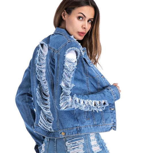 Denim Ripped Fringe Design Women's Jean Jacket