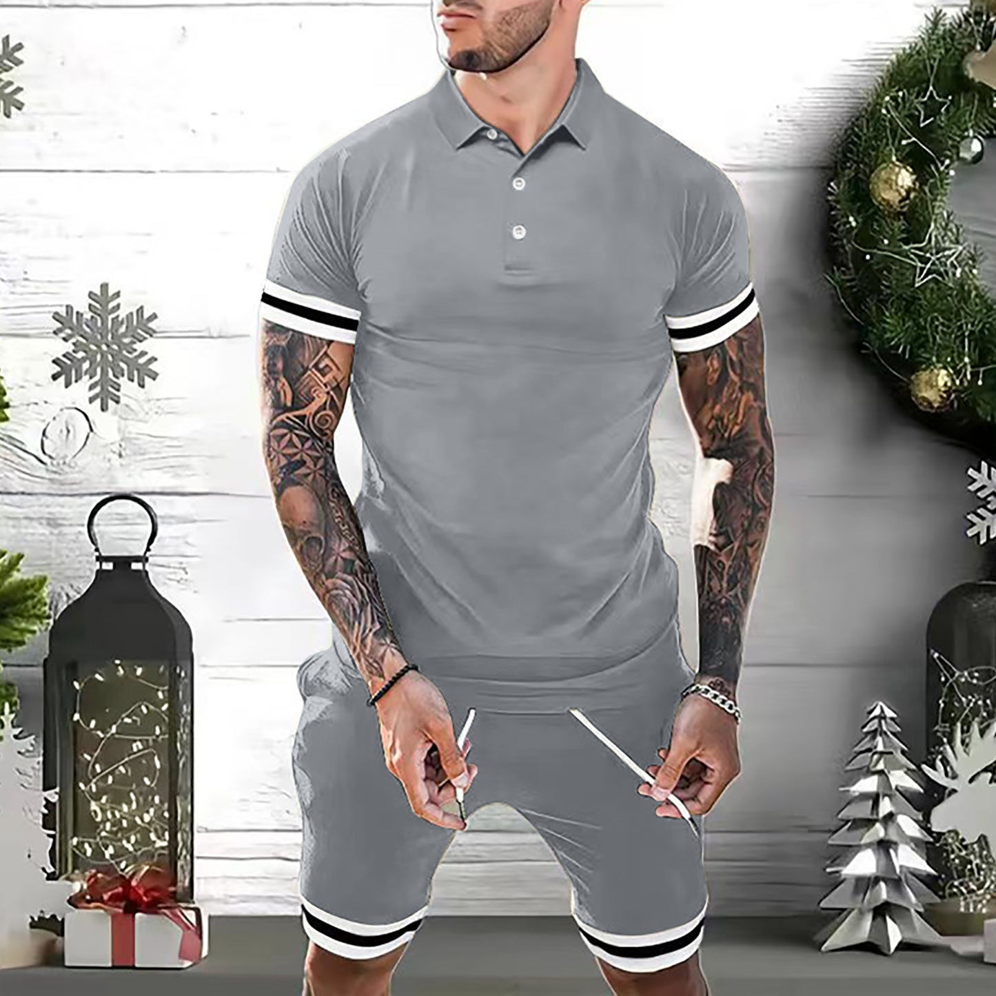 Men's Side Striped Turn-Down Collar Short Sleeve Polo Shirt + Shorts 2-Piece Set
