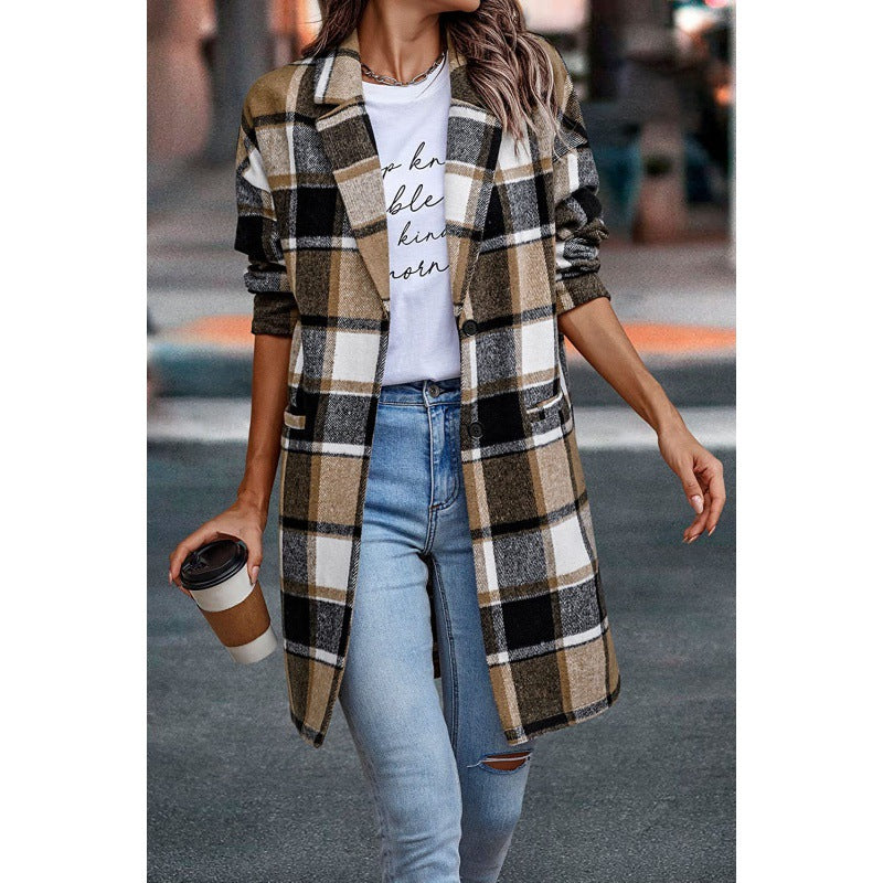 Plaid Print Oversized Women's Button-Up English Blazer Jacket