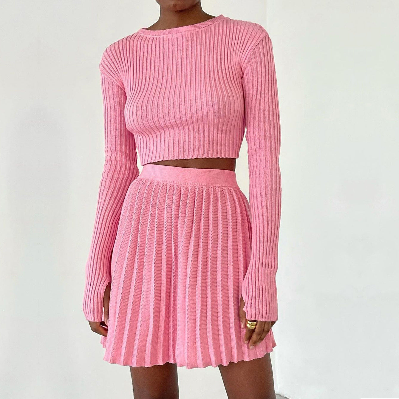 Ribbed Knitted Solid Color Women's Long Sleeve Sweater + Pleated Mini Skirt 2-Piece Set