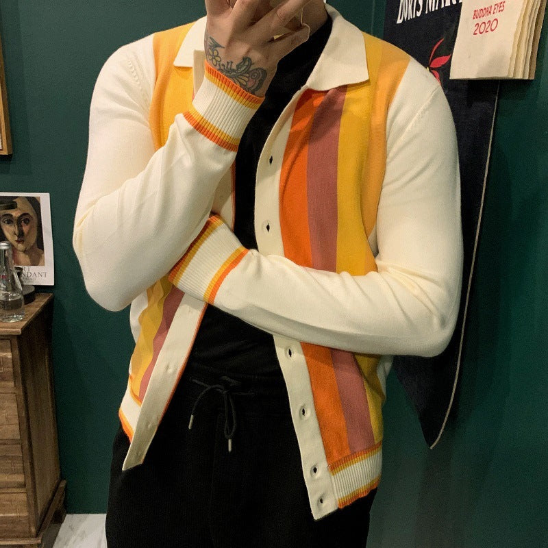 Men's Striped Colorblock Turn-Down Collar Button-Up Sweater