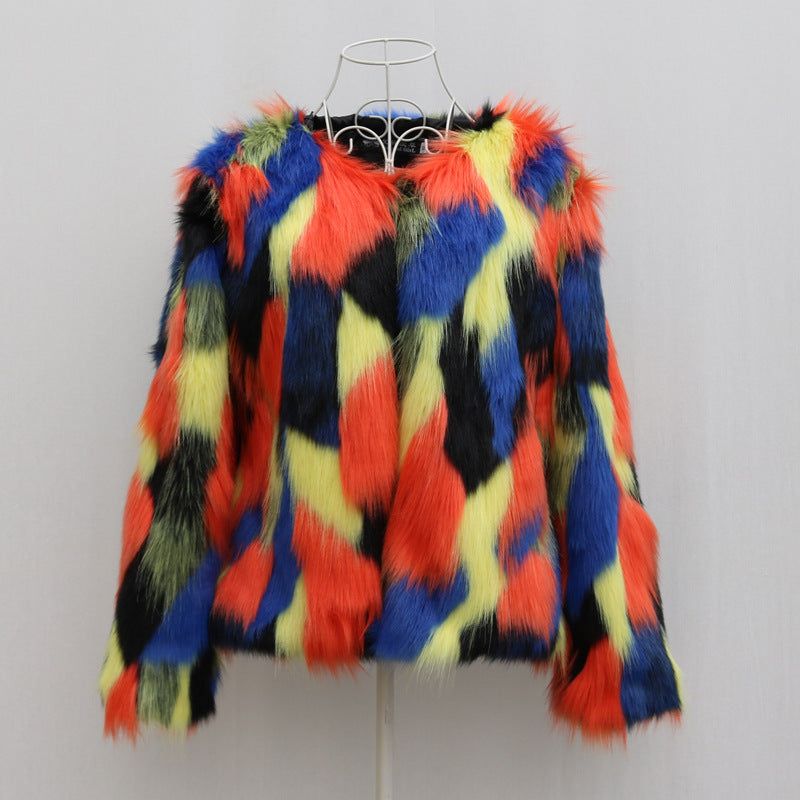 Faux Fox Fur Rainbow Colorblock Women's O-Neck Jacket to 8X Plus Size