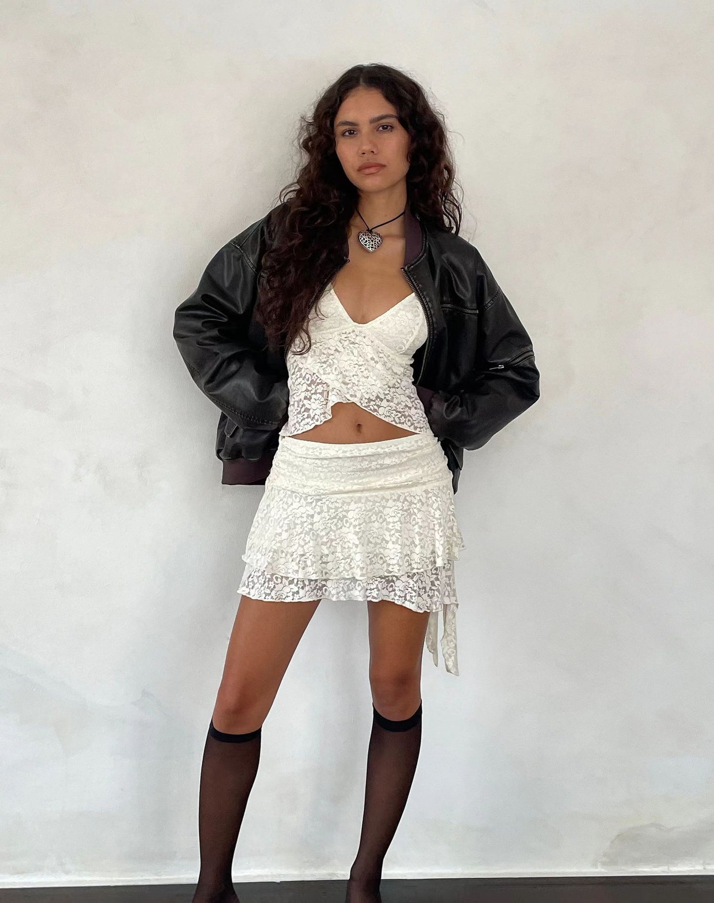 Lace Women's V-Neck Spaghetti Strap Tank Top + Ruffled Mini Skirt 2-Piece Set