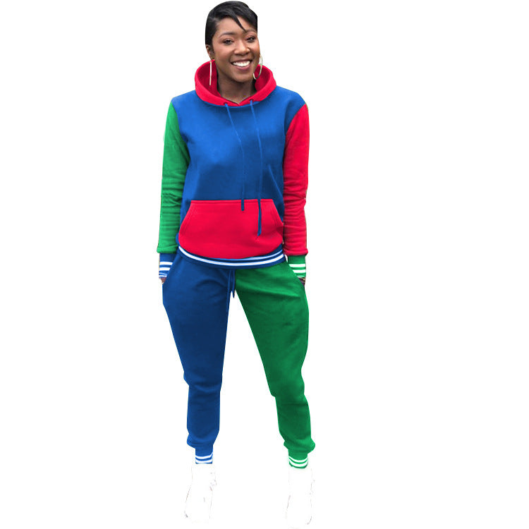 Colorblock Red/Blue/Green Women's Casual Sports Hoodie Sweatshirt + 2-Tone Jogger Sweatpants 2-Piece Tracksuit