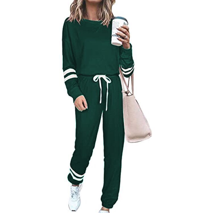 Side Striped Long Sleeve Women's Sport Top + Drawstring Sweatpants Tracksuit to 3X Plus Size