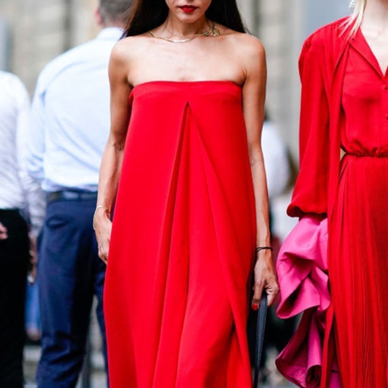 Bright Red Flat Oversized Sleeveless Front Slit Layered Wide Leg Tube Top Jumpsuit