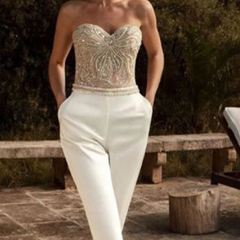 Metallic Crystal Strapless Sleeveless Formal Women's Tube Top Jumpsuit