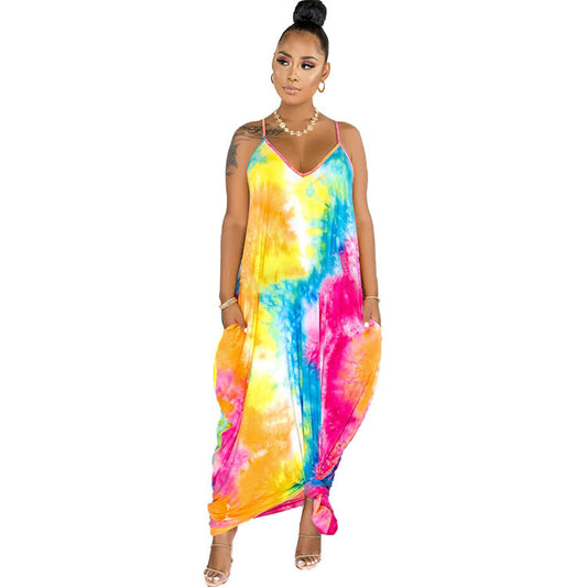 Pastel Big Flower Print Pocketed Loose Spaghetti Strap Harem Maxi Dress
