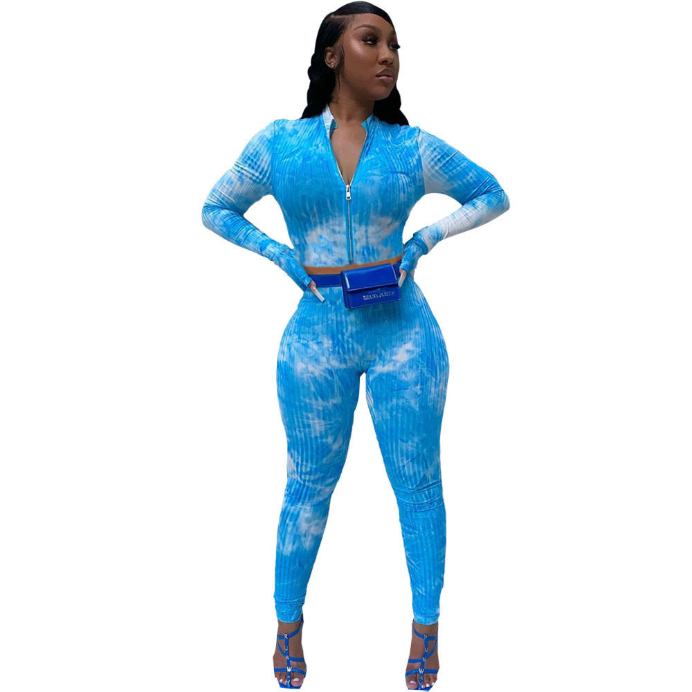 Tie-Dye Print Ribbed Long Sleeve Fitness Zipper Crop Jacket + Skinny Workout Gym Leggings Women's Tracksuit