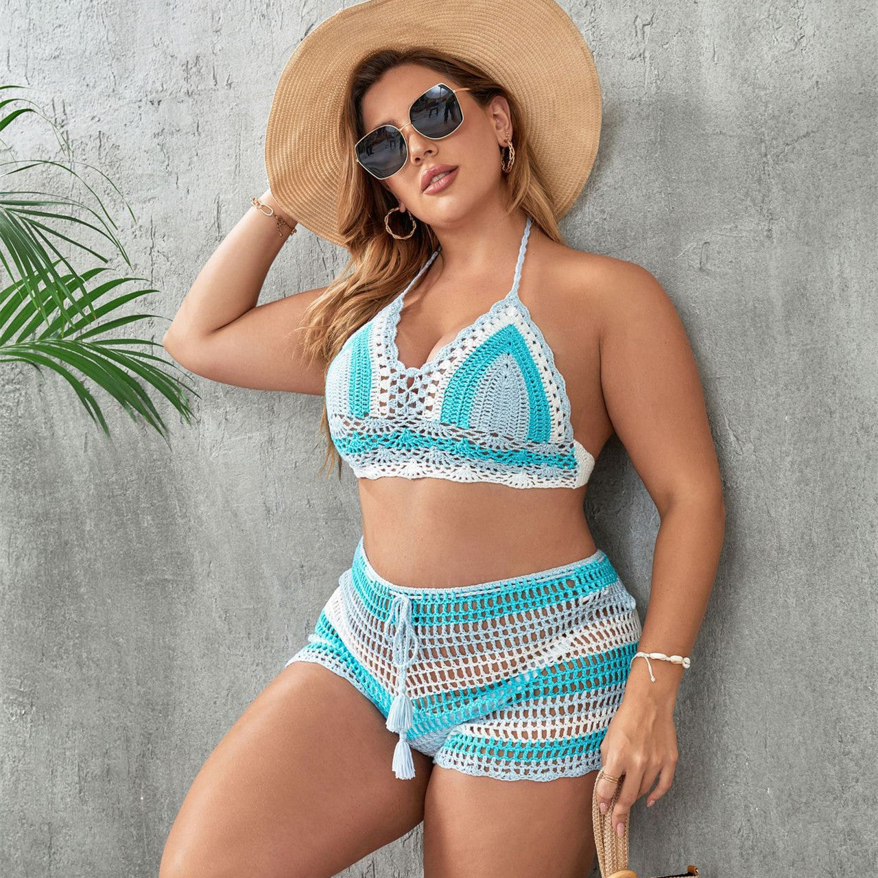 Crochet Knitted Striped Colorblock Hollow-Out 2-Piece Women's Bikini Swimsuit to 3X Plus Size
