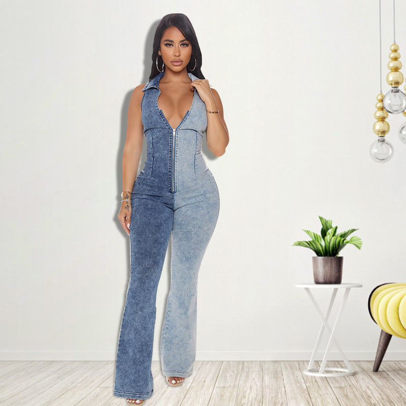 Denim Washed 2-Tone Colorblock Women's Sleeveless Turn-Down Collar Zipper Jean Jumpsuit to 5X Plus Size