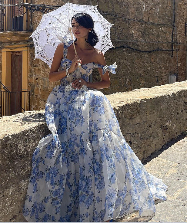 Floral White/Blue Off-the-Shoulder Bowknot Strap Lace-Up Big Swing Organza Maxi Formal Party Dress