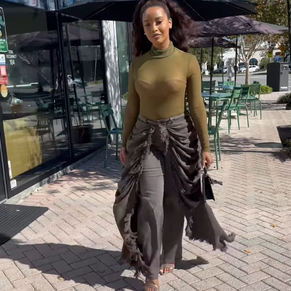 Denim Solid Color/Camoflauge Ruffled Tassel Fringe Design Women's Ruched Draped Layered Irregular Streetwear Jeans