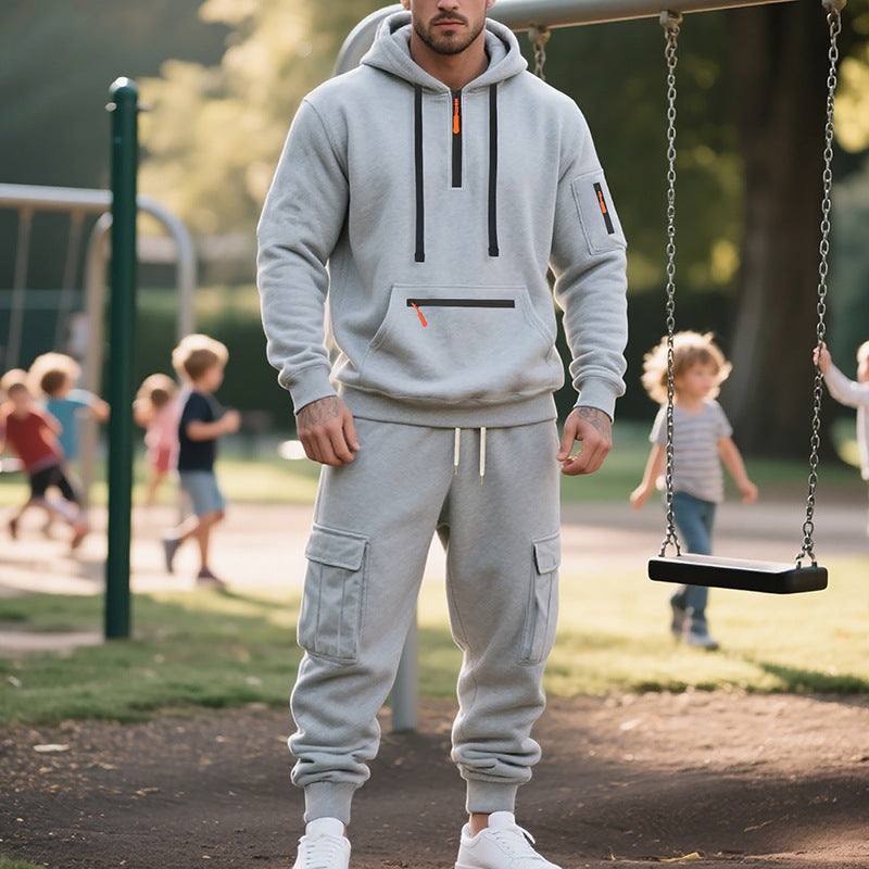 Men's Fleece Lined Zipper Pocket Drawstring Hoodie Sweatshirt + Multi-Pocket Cargo Sweatpants 2-Piece Tracksuit