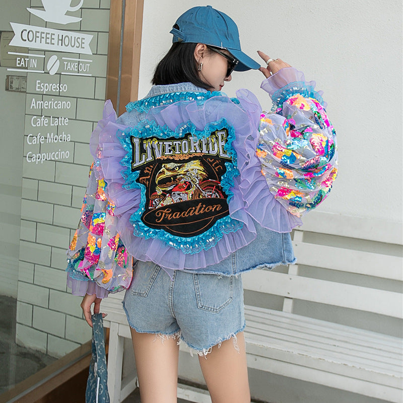 Denim Sheer Floral Sequined Embroidered 3D Women's Streetwear Hip-Hop Jean Jacket