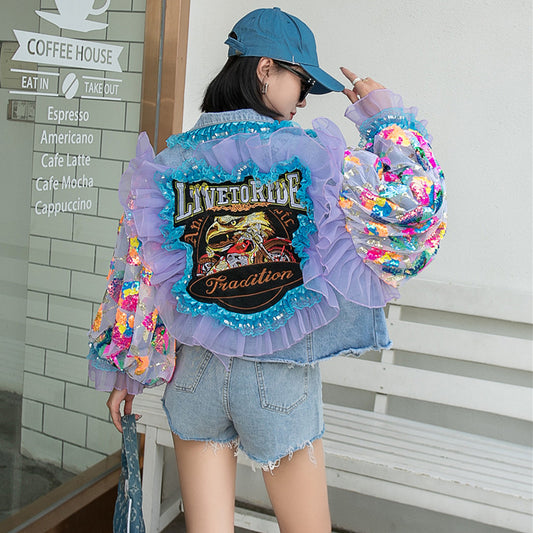Denim Sheer Floral Sequined Embroidered 3D Women's Streetwear Hip-Hop Jean Jacket
