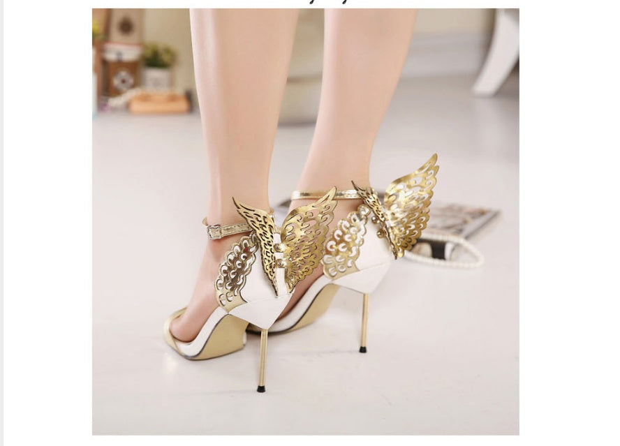 Metallic Butterfly Wing Design Open Toe Women's Stiletto Heel Sandal Pumps