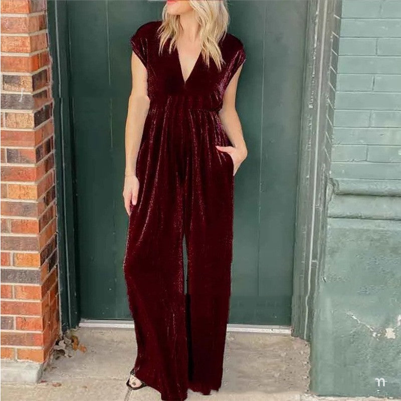 Velvet Loose Sleeveless Solid Color V-Neck High Elastic Waist Women's Jumpsuit to 5X Plus Size