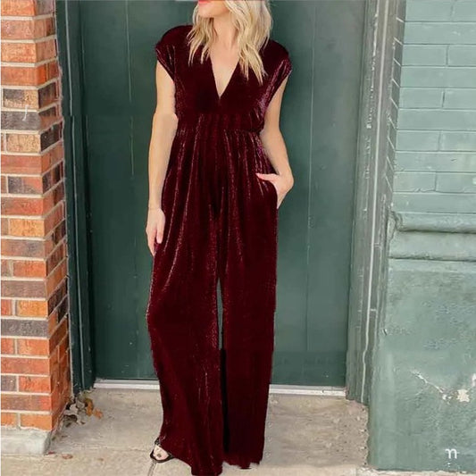 Velvet Loose Sleeveless Solid Color V-Neck High Elastic Waist Women's Jumpsuit to 5X Plus Size